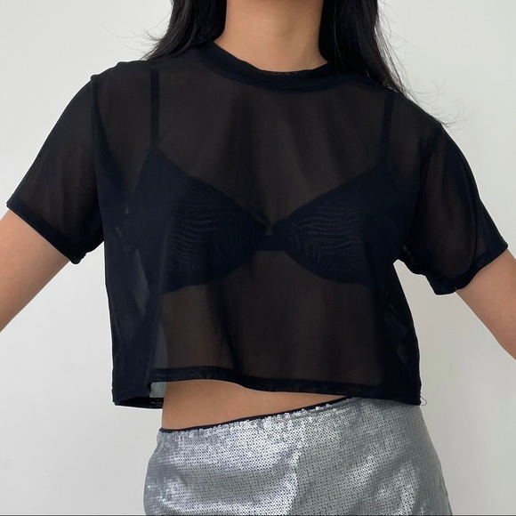 Joah Brown Black Sheer Mesh Short Sleeve Crop Top - Picture 4 of 4